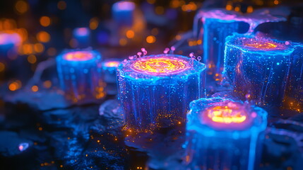 Poster - Mystical glowing jelly-like structures illuminated with vibrant colors in a fantasy underworld landscape
