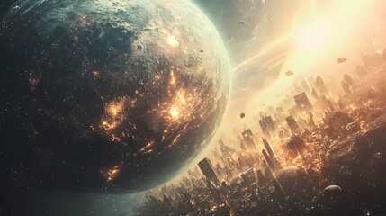 Aufkleber - Exploring a futuristic cityscape under a celestial body a vision of cosmic harmony and urban innovation