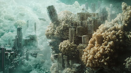 Aufkleber - Envisioning a futuristic city a surreal landscape of urban structures submerged in clouds and rising waters