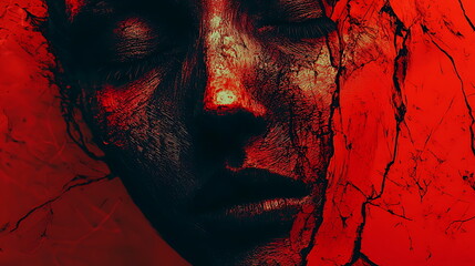 Poster - Dramatic exploration of emotion an expressive portrayal of a face wrapped in intense red textures and shadows