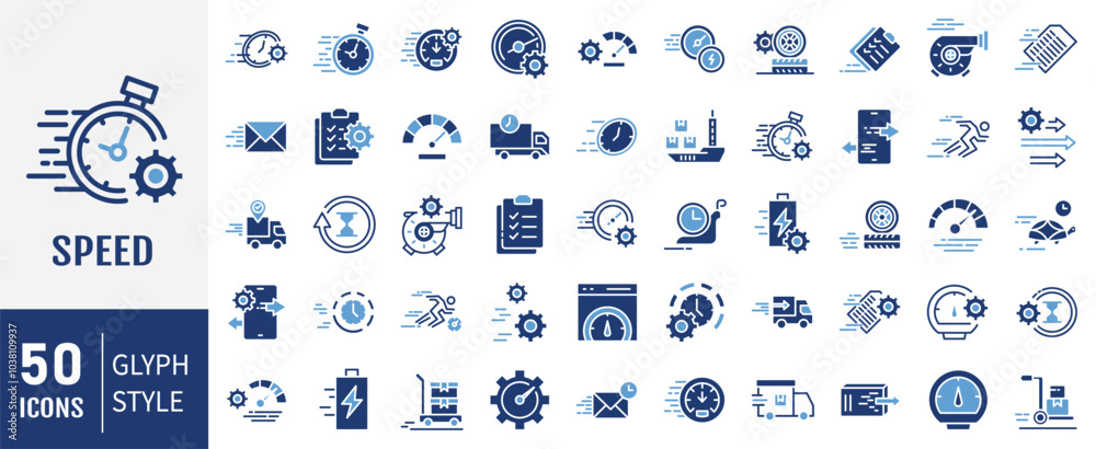 Speed solid icon set. Containing icons: fast, slow, movement, indicator ...