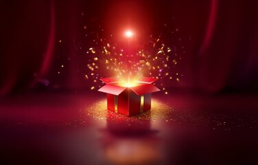 A red gift box with a gold ribbon sits open on a red background, with glittering gold confetti bursting out.