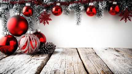 Minimalist Christmas interior with a blank wall and wooden floor, decorated with garlands and baubles, leaving space for text.