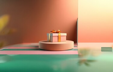 Poster - a pink gift box with a gold ribbon sits on a peach colored platform.
