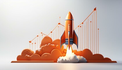 orange rocket launching alongside a rising graph, surrounded by white clouds on a clean white background, symbolizes growth and success in this 3D rendering.