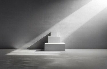 Aufkleber - A white pedestal sits in a bright, minimalist space with a single beam of sunlight.