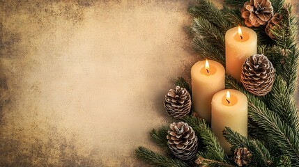 Three Burning Candles with Pine Branches and Cones