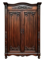 Canvas Print - Vintage wardrobe, antique furniture, ornate carvings, dark mahogany wood, isolated on white background 