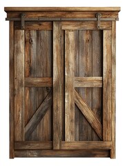 Wall Mural - Wooden wardrobe with sliding barn doors, rustic farmhouse style, reclaimed wood, isolated on white background  