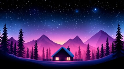 Charming cabin under a starry night sky with vibrant colors and serene nature.