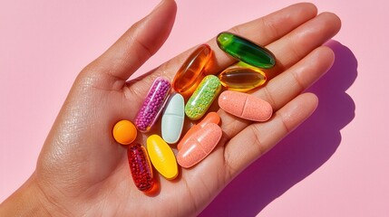 Wall Mural - A hand holds colorful vitamins and supplements against a pink background, showcasing various shapes and bright hues.