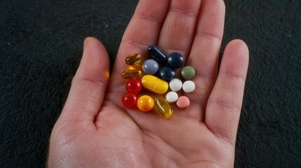 Wall Mural - A hand holds various colorful capsules and pills against a dark background.