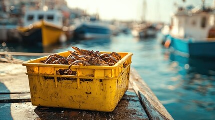 Canvas Print - Crabs in a yellow crate placed on the deck of an old boat, harbor background blurred with boats docked in the distance.