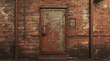 Wall Mural - Entrance to a transformer area with metal doors in a red brick wall, an industrial look softened by the weathered bricks