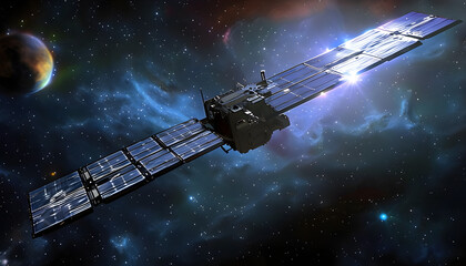 A interstellar satellite in the universe, space travel and SpaceX background image, starship