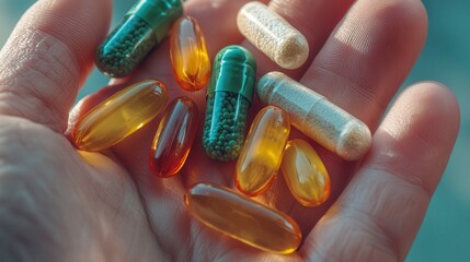 Wall Mural - A hand holding various colorful capsules and pills, showcasing dietary supplements and vitamins for health and wellness.