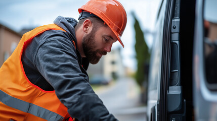 Skilled Worker Loading Equipment into Company Vehicle for Departure