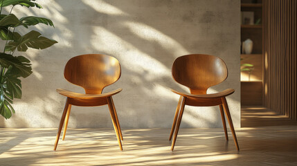 Modern dining chair featuring clean lines and natural wood texture lighting.AI generative.