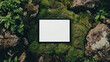 © น้ำฝน สามารถ - Symmetrical view of an iPad mockup on moss and rocks, with empty screen. AI generative.