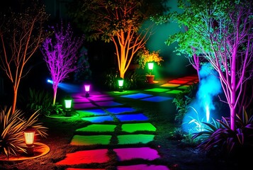 lights designed to emit holi like colors illuminating garden pat