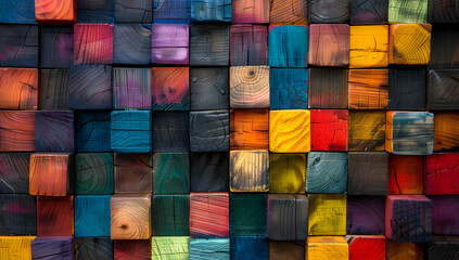 Poster - Colorful wooden blocks arranged in a grid pattern, each block painted with different colors and textures, creating an abstract composition. 
