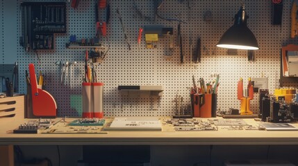 Aufkleber - A bright DIY electronics workspace with various tools, Soldering iron and circuit boards set up neatly, Modern tech style