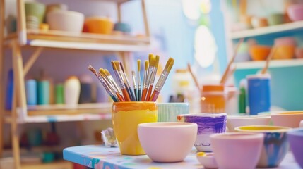 Aufkleber - A bright pottery painting studio with colorful glazes, Paintbrushes and pottery pieces set up neatly, Creative artistic style