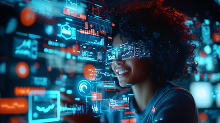 woman interacts with futuristic digital interfaces, surrounded by glowing data and graphs, showcasing advanced technology and innovation. Her expression is focused and engaged