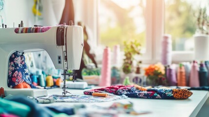 Poster - A bright sewing room with a sewing machine and fabrics, Sewing tools and materials organized neatly, Vintage creative style