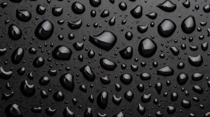 Close-up of water droplets on a black surface, creating a dramatic texture.