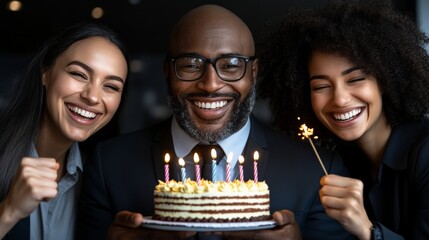 Joyful Birthday Celebration: Diverse Team Celebrates with Cake and Sparklers 