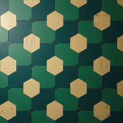 Patterned wall with hexagonal tiles in green, gold, and white, reflecting indoor lighting, likely residential.