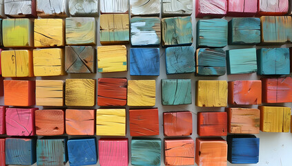 Poster - Colorful wooden blocks arranged in a grid pattern, each block painted with different colors and textures, creating an abstract composition. 