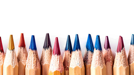 A close-up photograph of the sharpened points of a row of colored pencils.