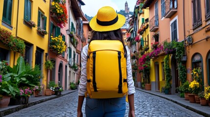 Wanderlust in Italy: A vibrant journey through colorful Italian streets. A young woman with a yellow backpack explores charming architecture and flower-filled balconies.  