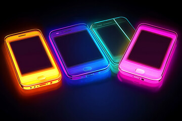 Poster - Four brightly colored, glowing smartphones arranged in a row against a dark background.