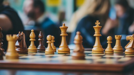 Aufkleber - A bustling chess tournament with chessboards and timers, Chess pieces arranged for strategic play, Classic photo of