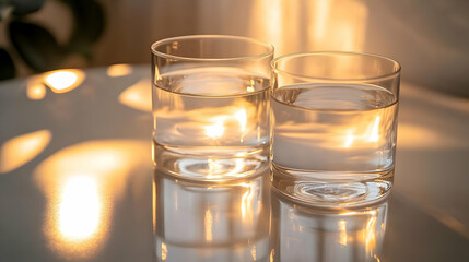 Two Glasses of Water in Warm Sunlight.