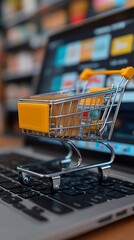 Poster - A laptop screen displaying an e-commerce site filled with last-minute deals and sale notifications Stock Photo with side copy space