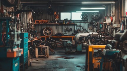 Poster - A bustling mechanic's garage filled with tools and engines, Tools of the trade organized amidst grease-stained workbenches, Automotive repair style