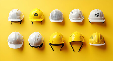 Wall Mural - Construction hard hats on yellow background.