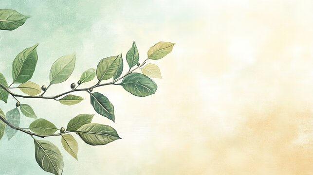 Hand Drawn Coffee Branch Leaves, Gradient Pastel Sky Background