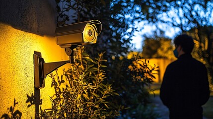 Poster - A security camera view showing a masked figure attempting to break into a building during the night Stock Photo with side copy space