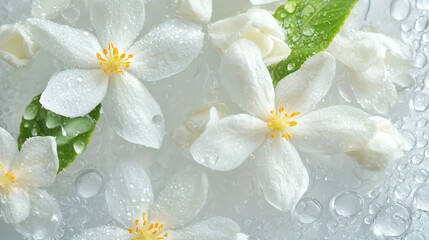 Poster - Jasmine flowers, background, top view, blooming jasmine, wet glass background with water drops and flowers behind it Blurred snowflakes on winter background 
