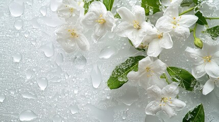 Poster - Jasmine flowers, background, top view, blooming jasmine, wet glass background with water drops and flowers behind it Blurred snowflakes on winter background 