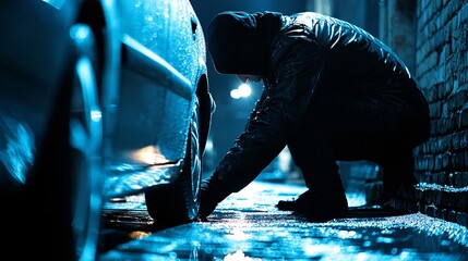 Poster - A burglar sneaking into a poorly lit alley at night to break into an unattended car Stock Photo with side copy space