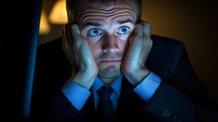 Poster - Office worker discovering that sensitive company data has been stolen by an internal employee Stock Photo with side copy space