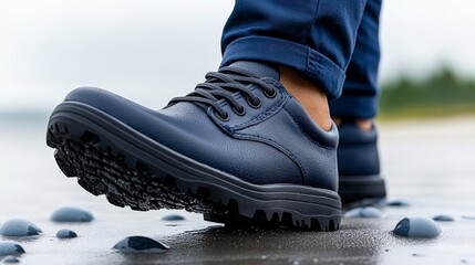 Navy Blue Leather Shoes on the Shore: Close-up of a man's feet wearing stylish navy blue leather shoes with black laces, walking on a rocky shore with the ocean in the background.