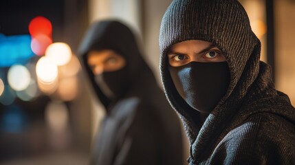 Poster - Masked individuals plotting a burglary inside an abandoned warehouse late at night Stock Photo with side copy space