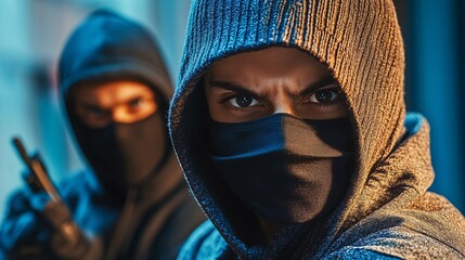 Poster - Masked individuals plotting a burglary inside an abandoned warehouse late at night Stock Photo with side copy space